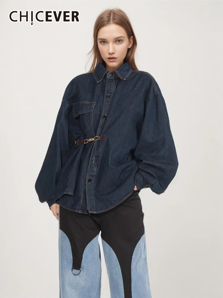 

CHICEVER Streetwear Vintage Spliced Belt Jackets For Women Lapel Long Sleeve Single Breasted Minimalist Casual Denim Coat Female