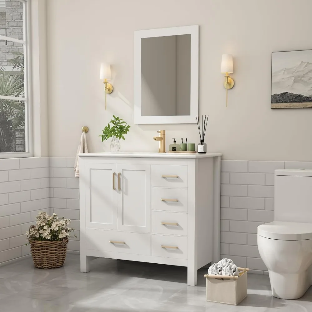 36" Bathroom Vanity with Sink with Faucet, Single Sink Bathroom Vanity 5 Drawers, Mirror, Pedestal,Ceramic Countertop