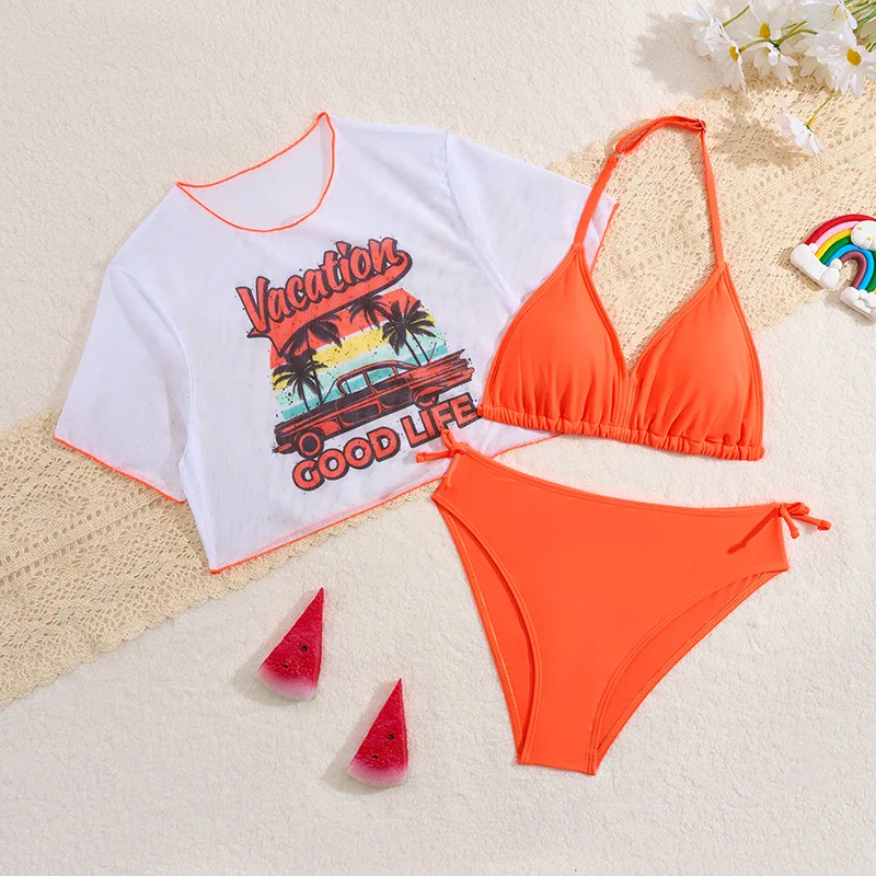 Girls Orange High Waist Bikini Kids Swimsuit 3pack with Short Sleeve Top 13-16 Years Children's Swimwear Teens Bathing Suit