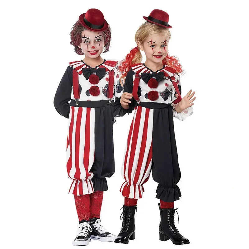 

Halloween Kid Jester Clown Cosplay Costume Boys Girl Purim Bloody Monster Evil Horrifying Ugly Circus Jester Clown Stage Suits