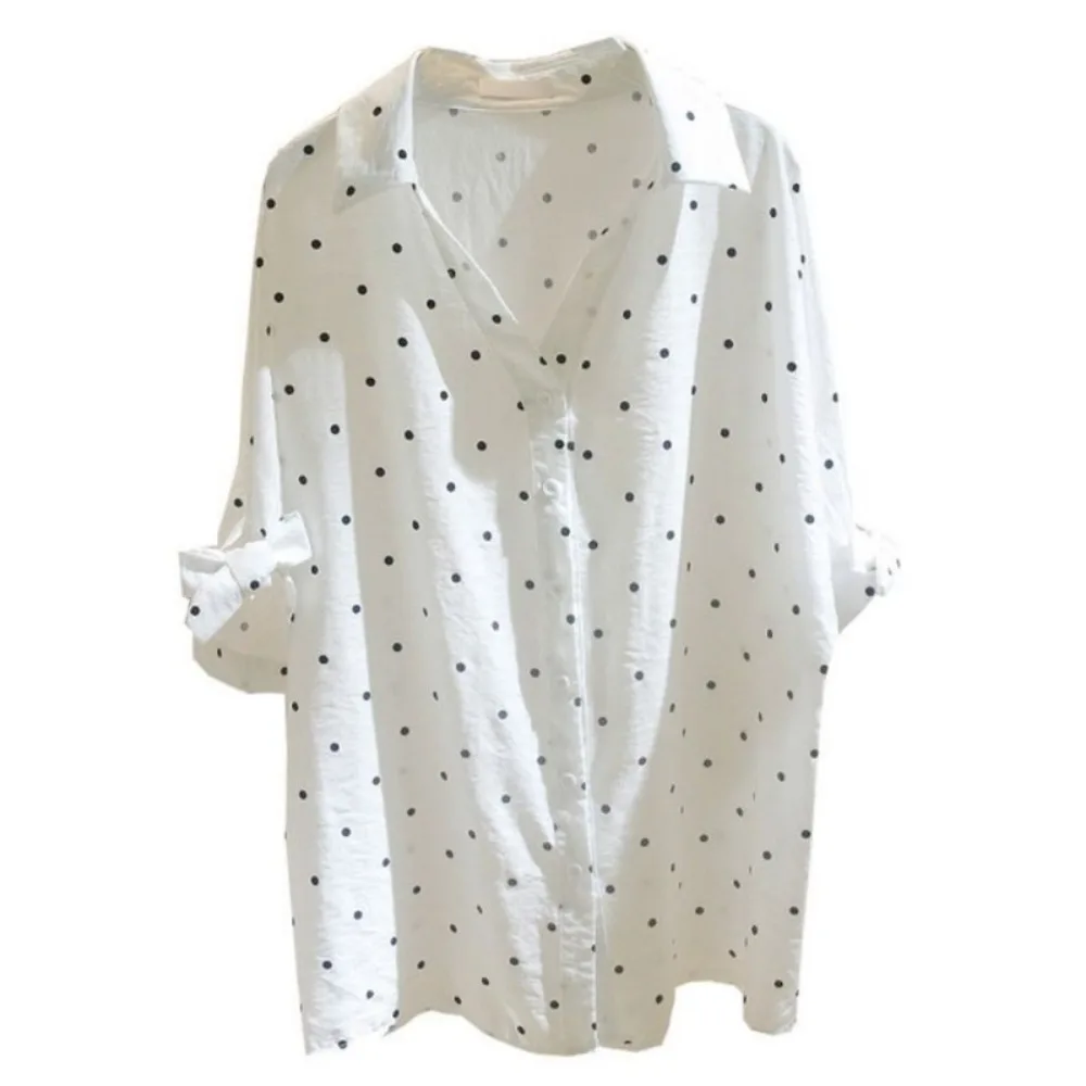 White Button Up Shirt Women Short Sleeve Top Summer 2024 Novelties Clothes Korean Fashion V-Neck Polka Dot Elegant Blouse Cotton