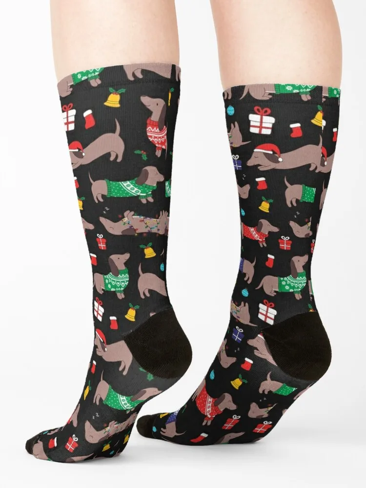 Christmas Sweater Dachshund Dog on Black Socks Hiking boots funny sock socks cotton Mens Socks Women's