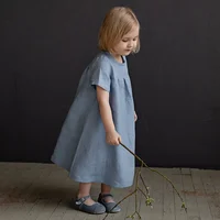 2024 SummerGirls Round Neck Solid Color Pleated Cotton And Linen Dress New Loose Short-Sleeve Children's Dresses，TZ31 2