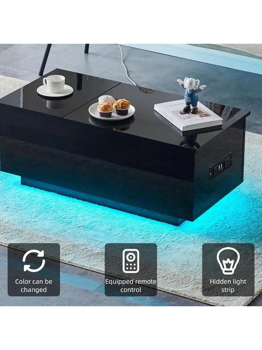 TUKAILAi Coffee Table with LED Lights and Power Strip Lift Tabletop Dining Center Table for Home Living Room Office Blac 5