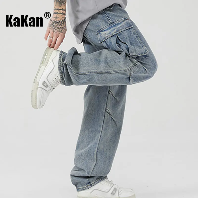 Kakan - New High Street Vintage Wash Jeans for Men, Multi Pocket Loose Straight Leg Wide Leg Long Jeans K24-ZLJZT0005