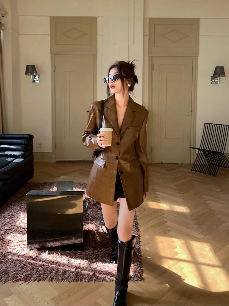 2024 New Arrival Street PU Leather Jacket Women's High-end Explosive Jacket Middle-long Coat Waistcoat Spring Fashion Collection