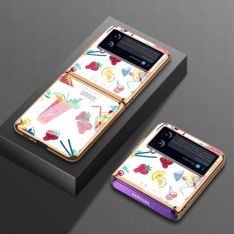 

Luxury Tempered Glass Case for Samsung Z Flip4 Case Plating Cute Cartoon Shockproof Cover for Galaxy Z Flip 3 4 Case