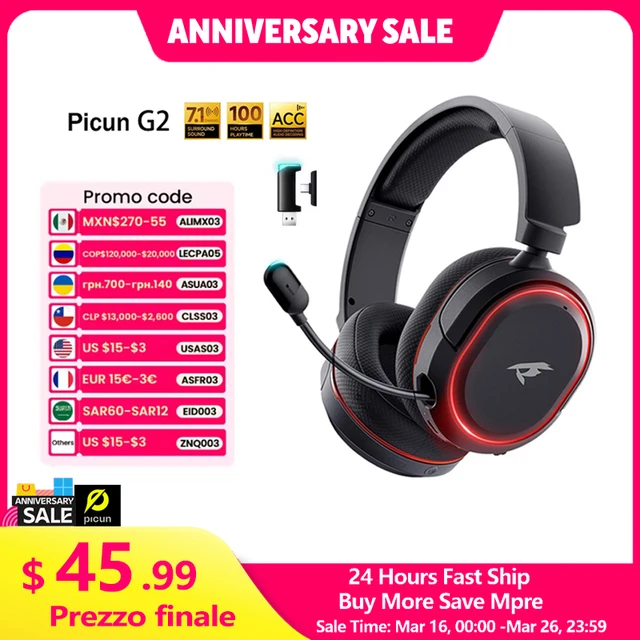 Picun G2 2.4G Wireless Gaming Headset Bluetooth Headphones 5ms Low Latency 7.1 Surround ENC Mic For PC PS4 PS5 Phone Switch