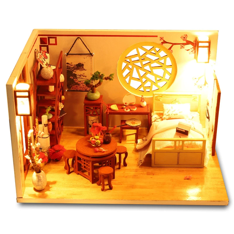DIY 나무 인형 집 미니어처 건물 키트, 가구 조명 포함, 중국 고대 카사 조립 인형 집, 소녀용 선물