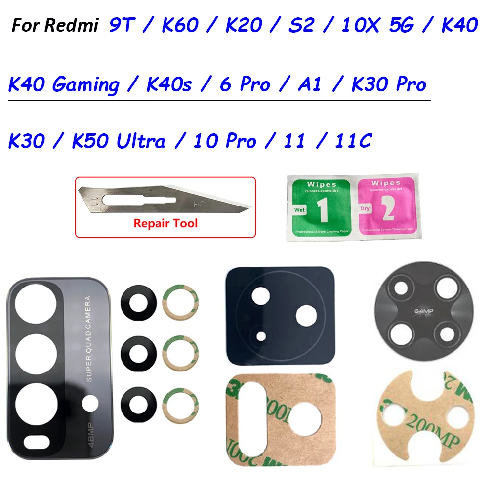 Back Rear Camera Glass Lens Replacement Repair Parts For Redmi 9T K50 K40 Gaming K40S K20 K30 Pro S2 10X 5G K60 Go camera lens cover phone camera lens