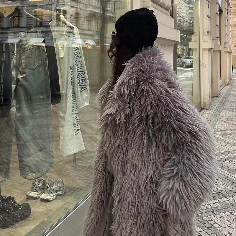 Neo Mint Extra Long Luxury Lamb Fur Teddy Coat Women 2024 Winter Ladies Mob Wife Style Oversized Chunky Faux Fur Jacket Overcoat 4