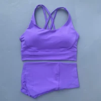 Ensemble de Yoga pour vélo de gymnastique, couleur unie, Legging court + soutien-gorge de sport croisé, survêtement athlétique pour femmes, entraînement complet, Jogging 3
