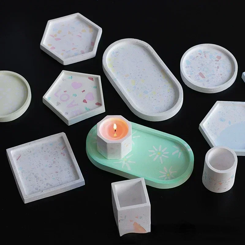Oval Tray Silicone Mold Mat Plate Flower Pot Concrete Silicone Mould Resin Square Round Hexagonal Coaster Mold Craft Home Decor Silicone Mold