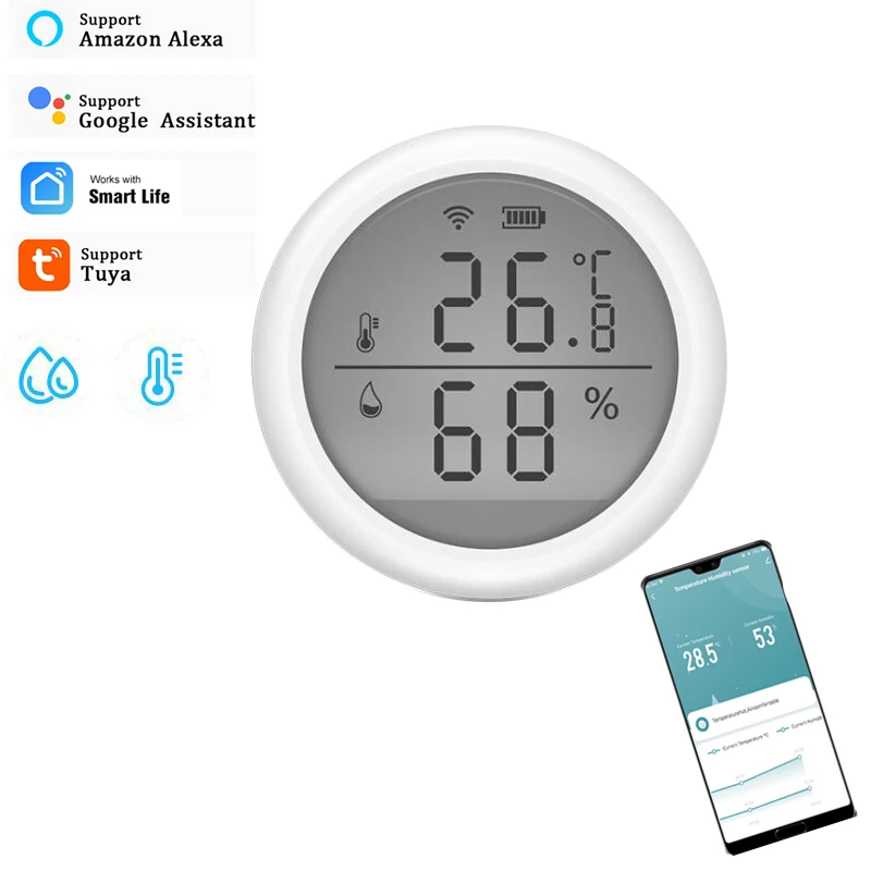 Tuya Smart Temperature Monitor Humidity Detector Sensor Usb Or Battery Powered Lcd Display