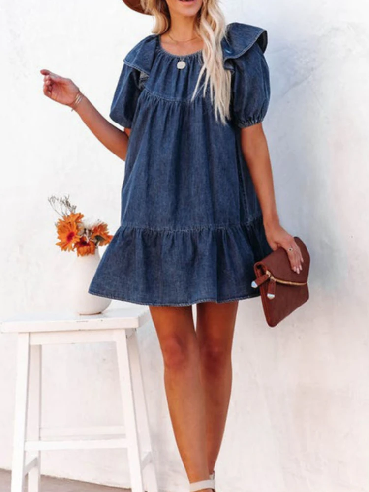 

Женское джинсовое платье с круглым вырезом, голубое повседневное однотонное платье с короткими рукавами-фонариками, в Корейском стиле, новая модель Лето 2023