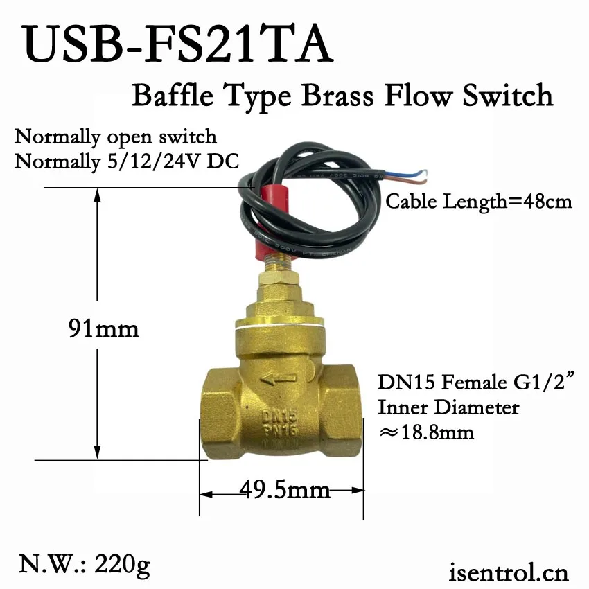 USB-FS21TA Baffle Type Flow Sensor Switch Reed Switch Brass Sensor 5-15L/min 250V DC 70W 2 wire Saier