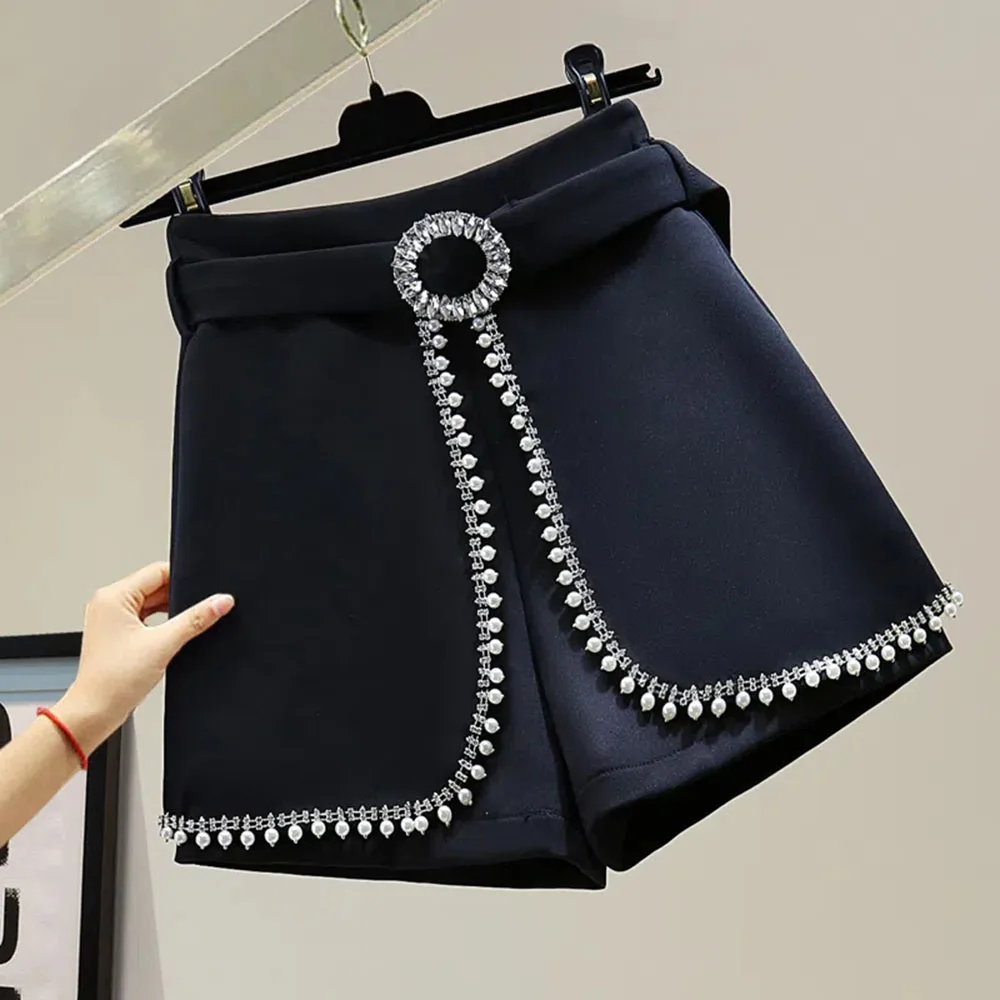 

Heavy Industry Beaded And Diamond Suit Shorts Women Summer Fashion White High Waist Wide Leg Short Pants Ladies Casual Bottoms
