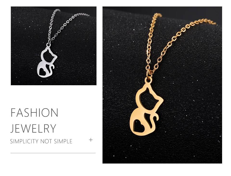 Tiny Love Cat Necklace Stainless Steel Jewelry Cute Heart Women's Chain - PeticaDeals