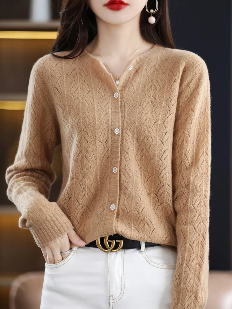 

Women Hollow Casual Cardigan 100% Merino Wool Cashmere Sweater High Quality O-neck Twist Flower Knitwear Female Coat Grace Top