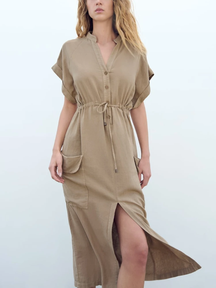 

Women's New Round Collar V-neck Short Sleeves Adjustable Drawstring Waist Patch Pockets Slit At Hem Linen Blend Midi Dress