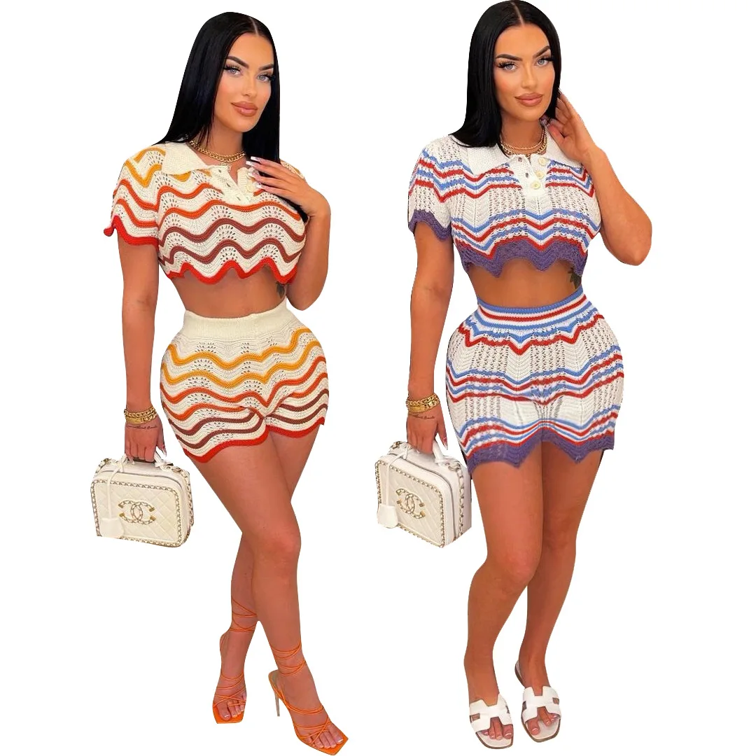 Fashion Crochet Knitted Two Piece Set Color Patchwork Short Sleeve Crop Top Shorts Stretch 2 Pieces Set Streetwear Casual Suit