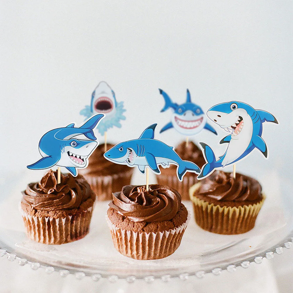 24Pcs Shark Cupcake Toppers - Blue Glitter Ocean Theme Cake Decorations