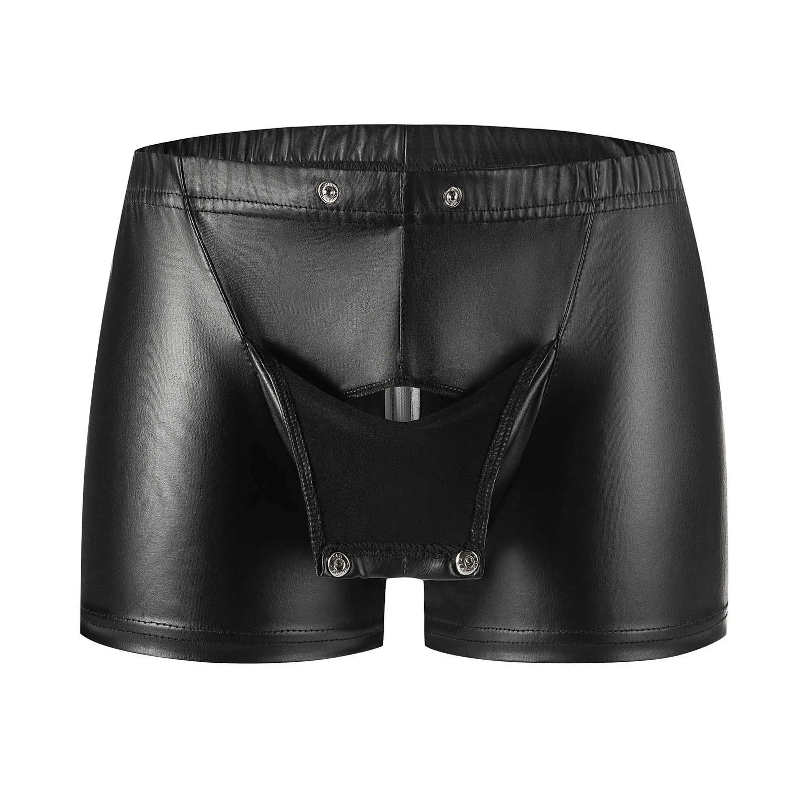 Sexy Below Button Open Crotch Underwear Soft Matte Leather Boxer Porno Hip Zipper Crotchless Elastic-waist Sissy Short Pants