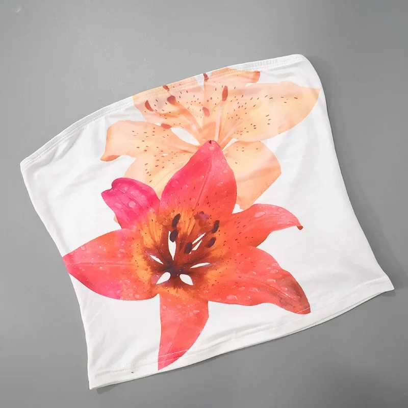 Top sexy con estampado floral, corto sin tirantes, de una pieza, sin mangas, ajustado, de moda, para mujer, top informal sin cuello, sujetador Y2k