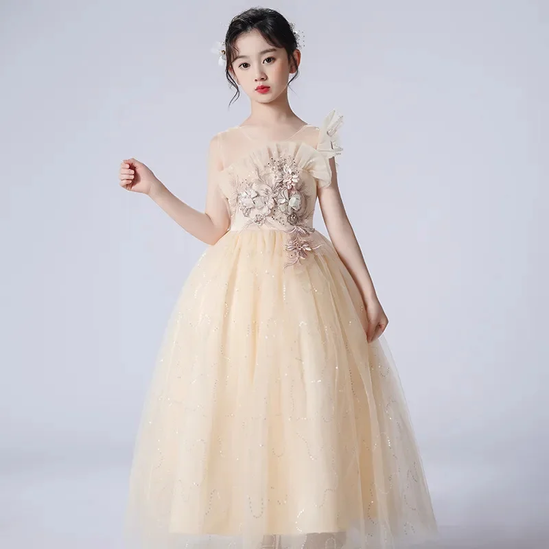 

Flower Girls Princess Wedding Party Dress 2023 Summer New Square Collar Sleeveless Embroidery Birthday Gift Dresses Kids Clothes