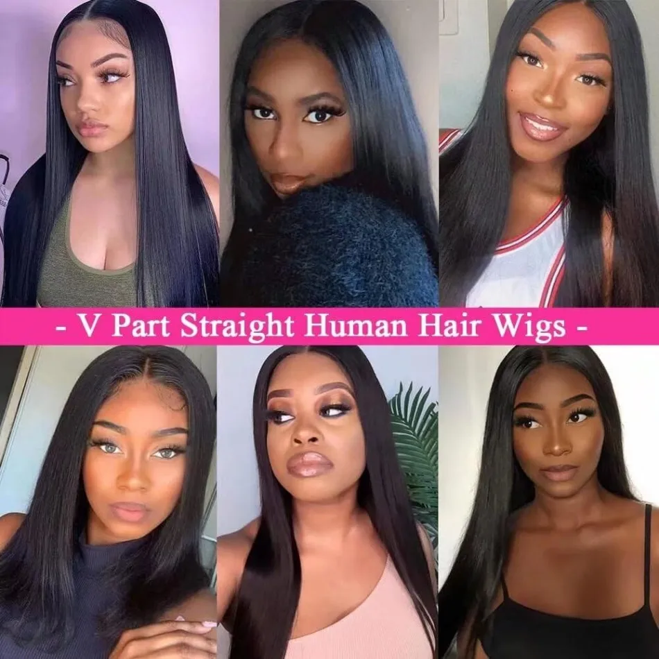 Straight V Part Wig Human Hair Glueless Wigs 220 Density Natural Color Brazilian Hair Wig For Black Women 36Inch 100% Human Hair