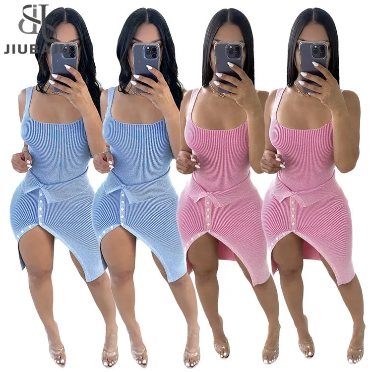 

Summer Women Outfits Sexy Sleeveless Crop Tops Mini Skirts Solid Club Ribbed 2 Piece Skirt Sets