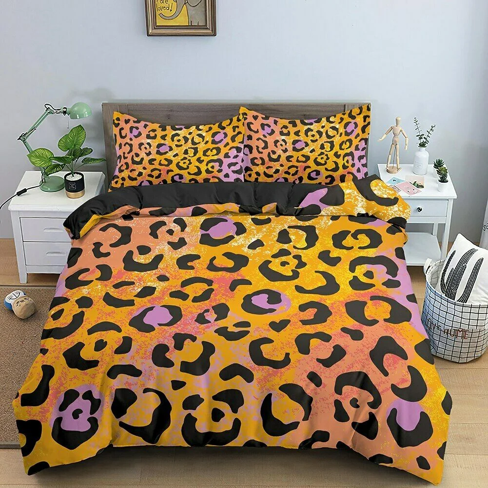 Women Rainbow Cheetah Printed Bedding Set Twin Colorful Leopard Printed Duvet Cover Set Psychedelic King Quilt Cover Decorative 