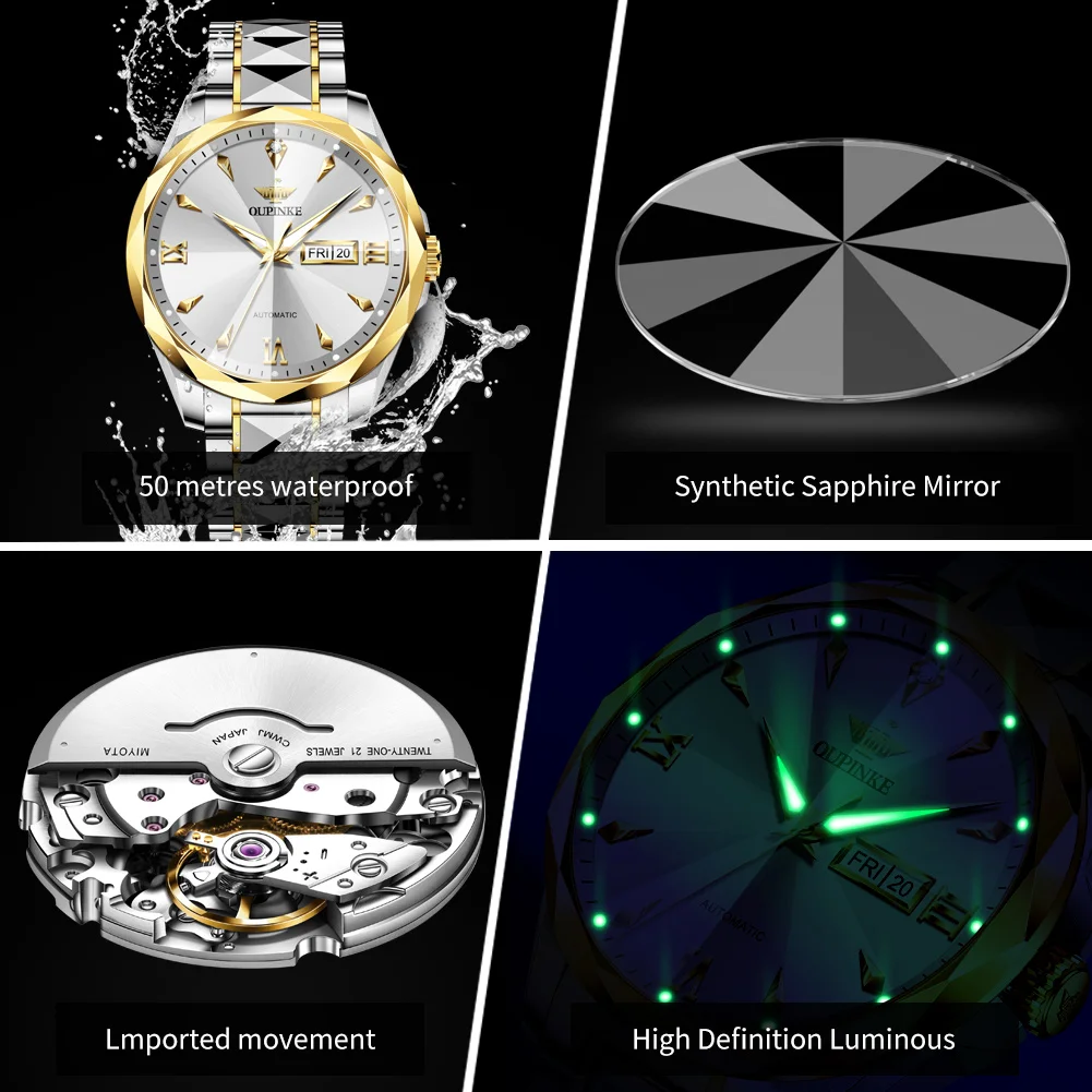 OUPINKE 3315 Automatic Watch Man Rhombus Mirror Fashion Mechanical Watch For Men Deep Waterproof Dual Calendar Dress Wristwatch