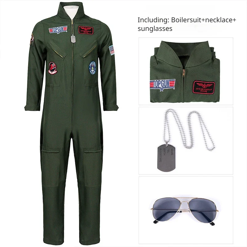 

2023 New Top Gun Cosplay Costume American Airforce Men's Uniform Halloween Costume with Glass Army Green Military Pilot Bodysuit