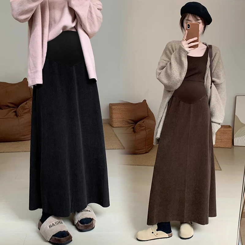 Winter Maternity Belly Skirts with Pockets Long Loose Pregnant Woman Corduroy Umbrella Skirt Floor-length Pregnancy Party Skirt