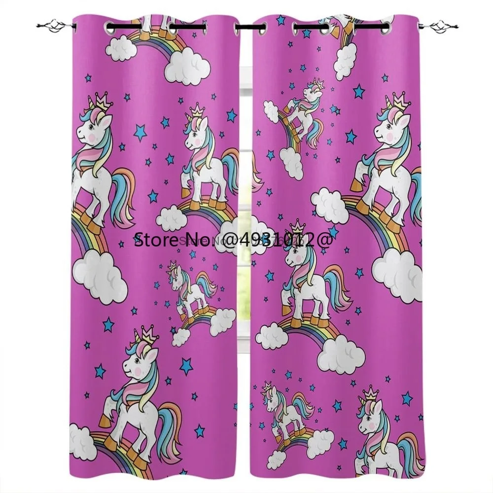 

2023 Purple Unicorn Rainbow Cartoon Blackout Curtains Dark Kitchen Indoor Curtain Panels with Grommets Window Treatment Drapes