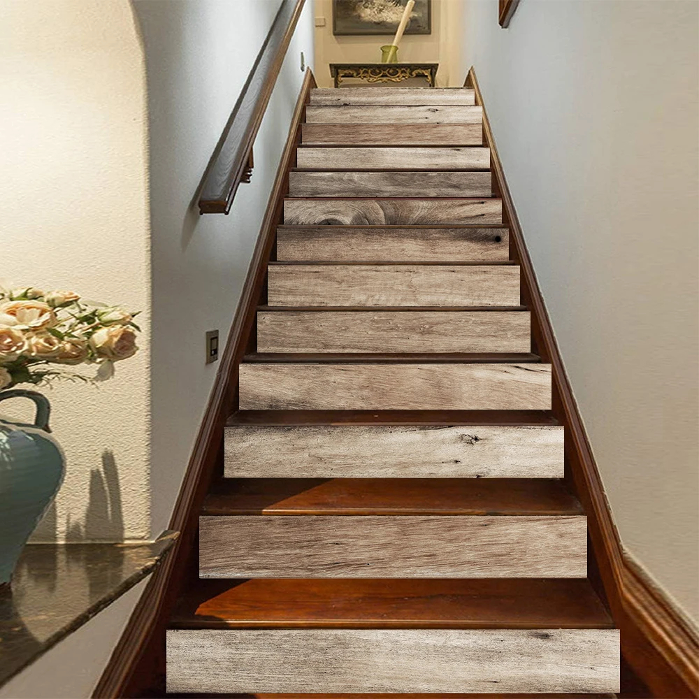 

13pcs/set Retro Wood Grain Pattern Stairs Stickers Home Decor Stairs Art Mural Peel & Stick Waterpoof PVC Wall Sticker