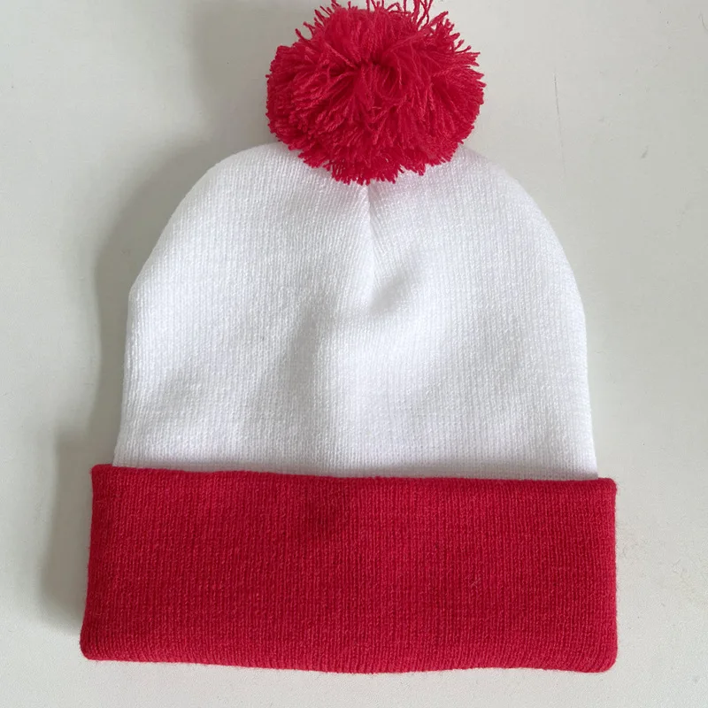 Rote Beanie für Männer und Frauen, Weihnachtsdekoration, farbblockierende Wollmütze, Halloween, gestreift, rote Wollknäuel-Strickmütze – Detail 8
