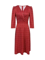 Women's Burgundy White Polka Dot Midi Dress V-Neck 3/4 Sleeves A-Line Spring Summer Elegant Vintage Daily Party Dress - Image 5