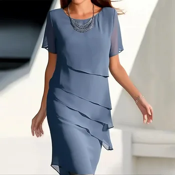 Women's Short Sleeve Chiffon Dress with Tiered Ruffle Overlay and Asymmetrical Hem