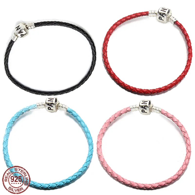 

Noble 925 sterling silver couple bracelet, classic leather snake bone chain original charm bead design DIY jewelry holiday gift