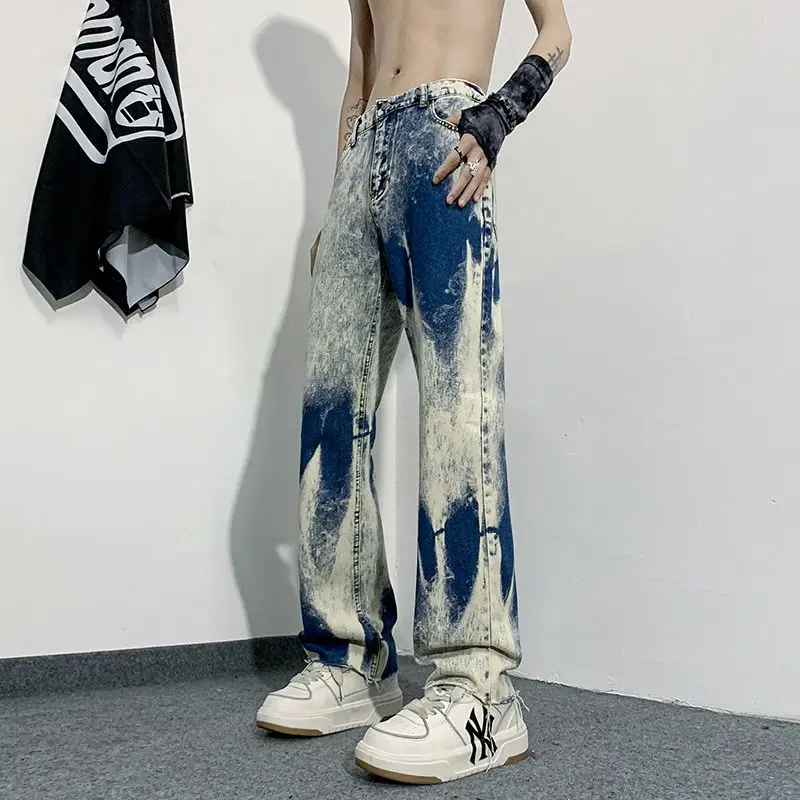Street Trendy Asymmetric Tie Die Gradient Design Sense High End Slim Narrow Edition Jeans Zipper Button Pockets Straight Pants