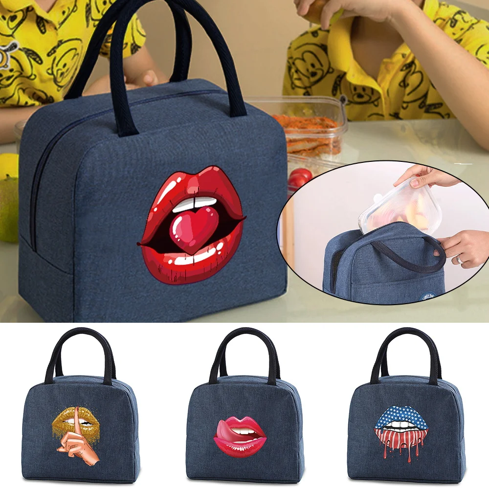 

Portable Lunch Bag Thermal Insulated Lunch Box Tote Cooler Handbag Mouth Print Bento Pouch Dinner Container Food Storage Bags