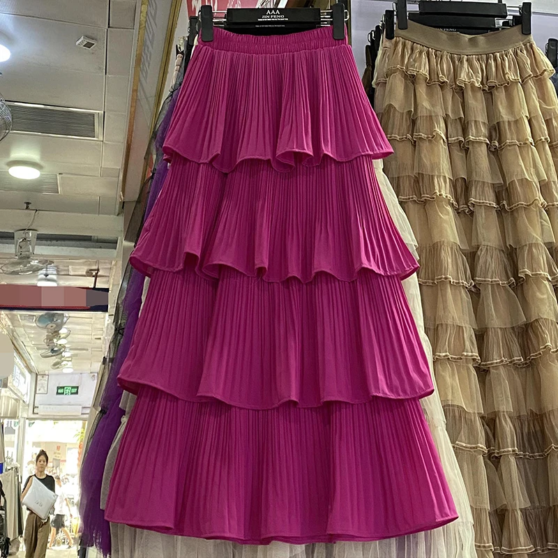 

Chic Long Skirt Women Tierred Flounced Edge Solid Streetwear Korean Style Elastic High Waist Pleated Skirts Summer Dropshipping