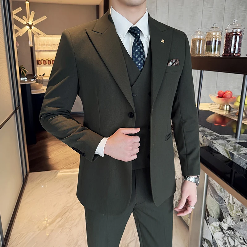 Slim-Fit Three-Piece Set Korean Style Two-Button Groomsmen Formal Wedding Business Suit Handsome Groom Best Man Dress High