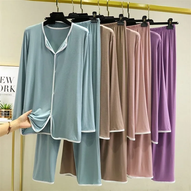 moman Modal pajamas Spring and autumn loose long-sleeved homewear set Casual two-piece set can be worn outside Absorb sweat