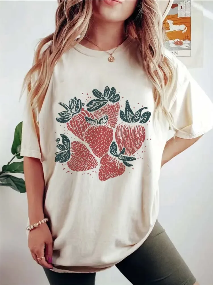 

Watercolor Trend 90s Clothing Strawberry Print Short Sleeved T-Shirt Casual T Fashion O-Neck Women's Pattern Summer T-Shirt.