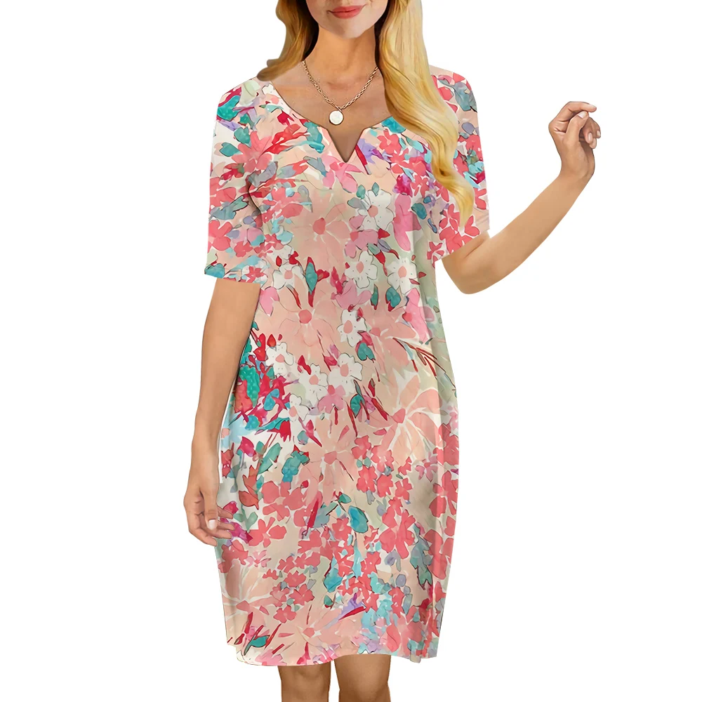 

CLOOCL Women Dress Pink Floral 3D Printed V-Neck Loose Casual Short Sleeve Shift Dress for Female Dresses Natural Factors