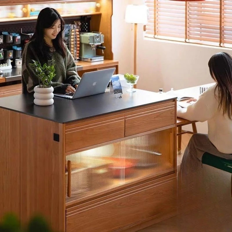 

Nordic Weiluzhong Island Platform Open Kitchen Restaurant Solid Wood Rock Plate Cooking Storage Cabinet Bar and Dining Table