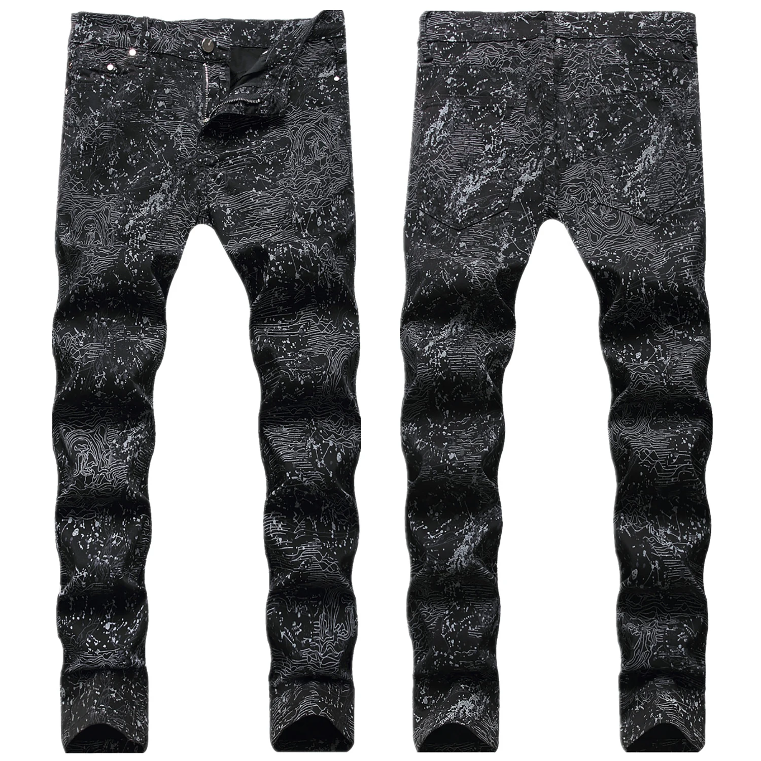 

High Quality Men's Full Printed Denim Pants Street Fashion Stretch Casual Jeans Classic Slim-fit Nightclub Style Long Trousers;